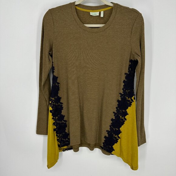 3/$25 Logo by Lori Goldstein Tunic Top XS Asymmetrical Long Sleeve Lace Beige - Picture 1 of 7